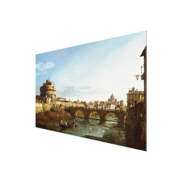 Quadros em vidro cidades e paisagens urbanas Bernardo Bellotto - View of Rome on the Banks of the Tiber