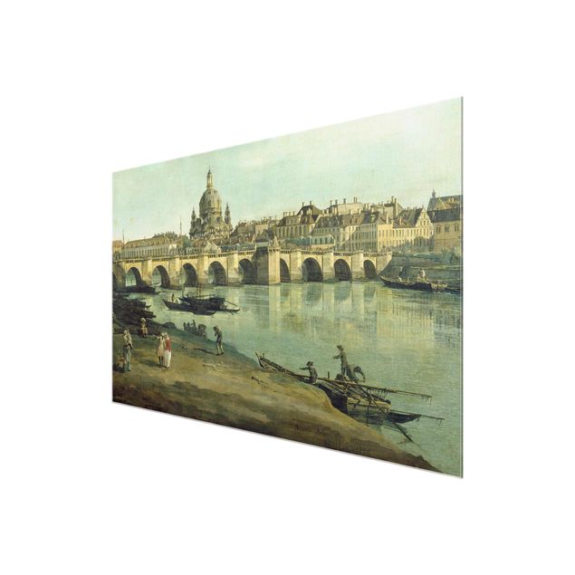 Quadros em vidro cidades e paisagens urbanas Bernardo Bellotto - View of Dresden from the Right Bank of the Elbe with Augustus Bridge