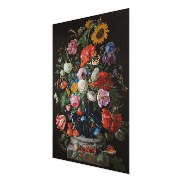 quadros flores Jan Davidsz de Heem - Tulips, a Sunflower, an Iris and other Flowers in a Glass Vase on the Marble Base of a Column