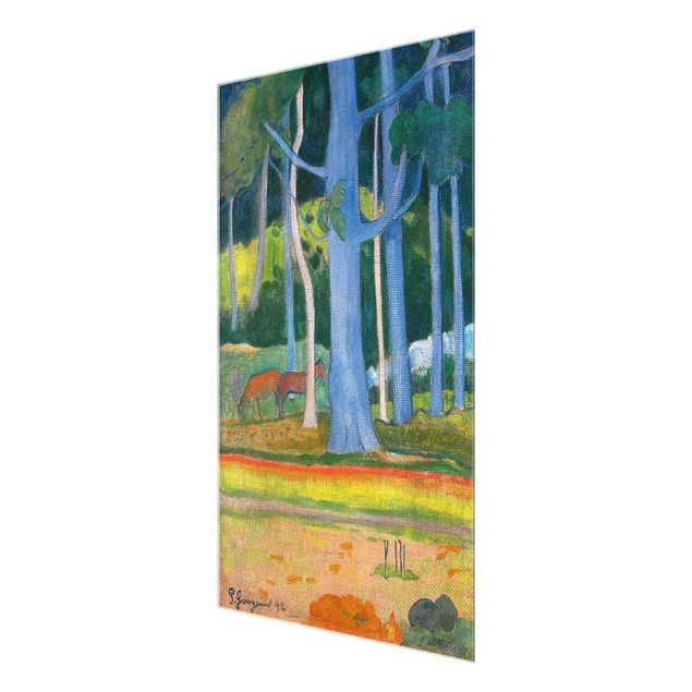 Quadros em vidro paisagens Paul Gauguin - Landscape with blue Tree Trunks
