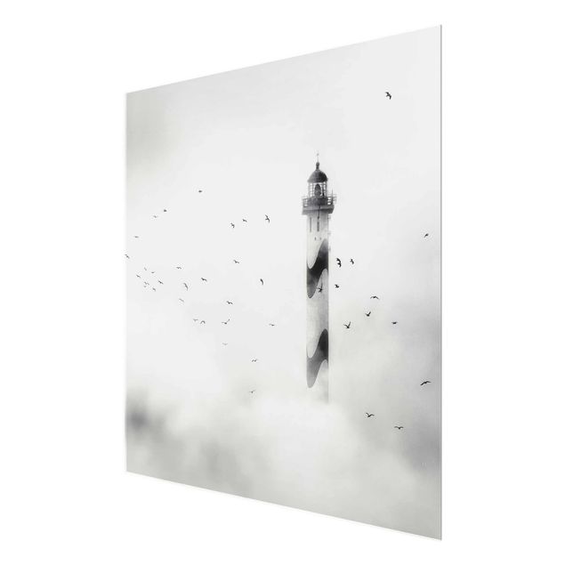Quadros em vidro em preto e branco Lighthouse In The Fog