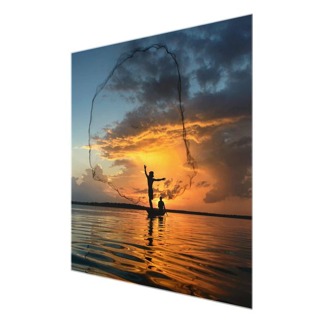 Quadros em vidro praia Fishing Net At Sunset