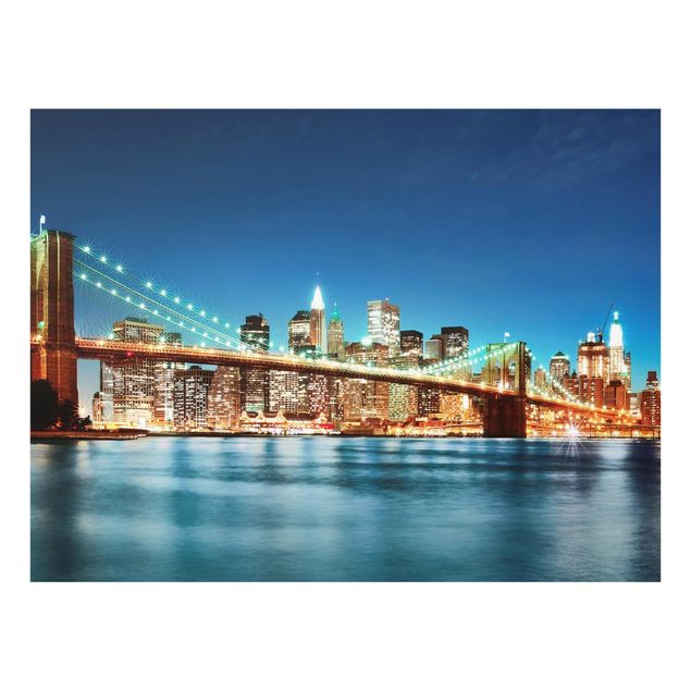 Quadros em vidro cidades e paisagens urbanas Nighttime Manhattan Bridge