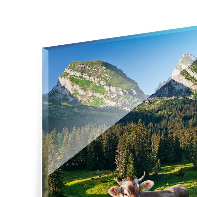 Quadros em vidro animais Swiss Alpine Meadow With Cow
