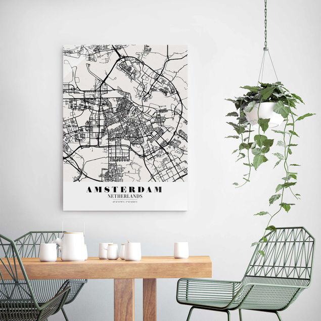 Quadros em vidro em preto e branco Amsterdam City Map - Classic