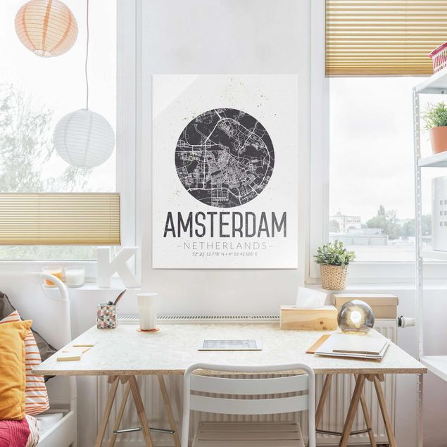 Quadros em vidro em preto e branco Amsterdam City Map - Retro