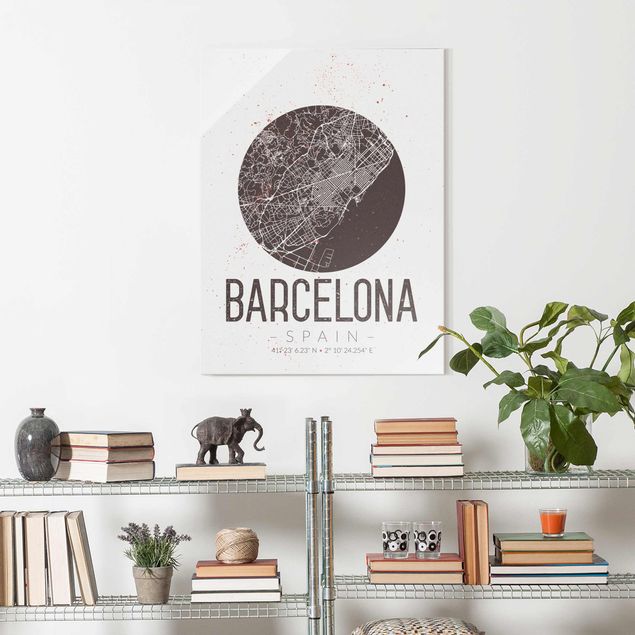 Quadros em vidro em preto e branco Barcelona City Map - Retro