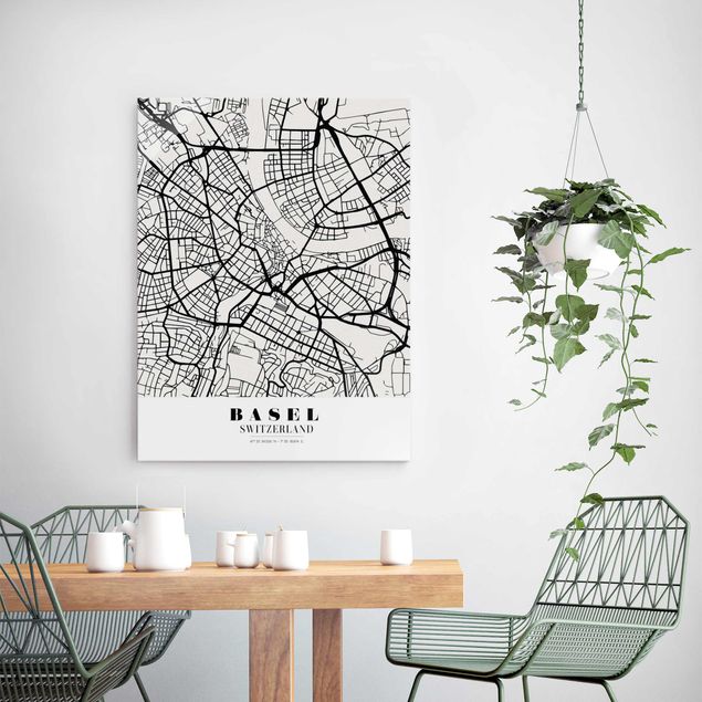 Quadros em vidro em preto e branco Basel City Map - Classic