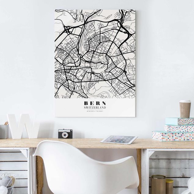Quadros em vidro em preto e branco Bern City Map - Classical