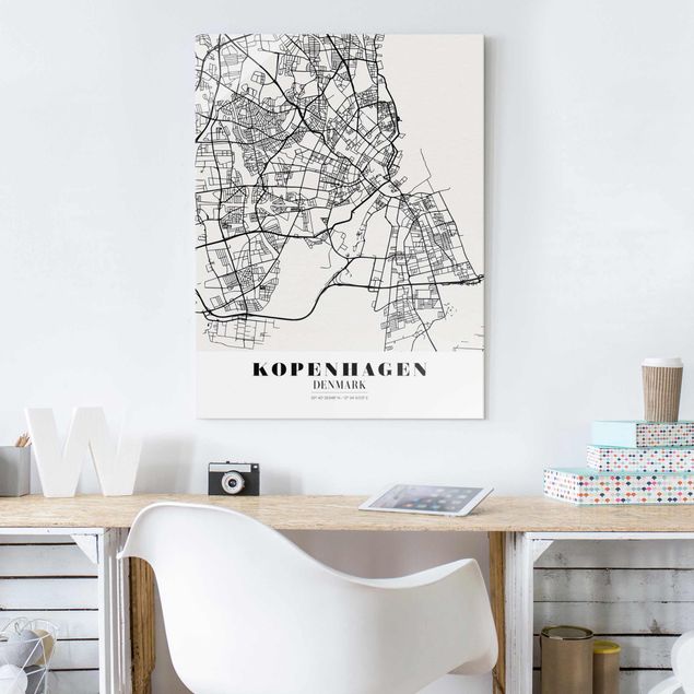 Quadros em vidro em preto e branco Copenhagen City Map - Classic