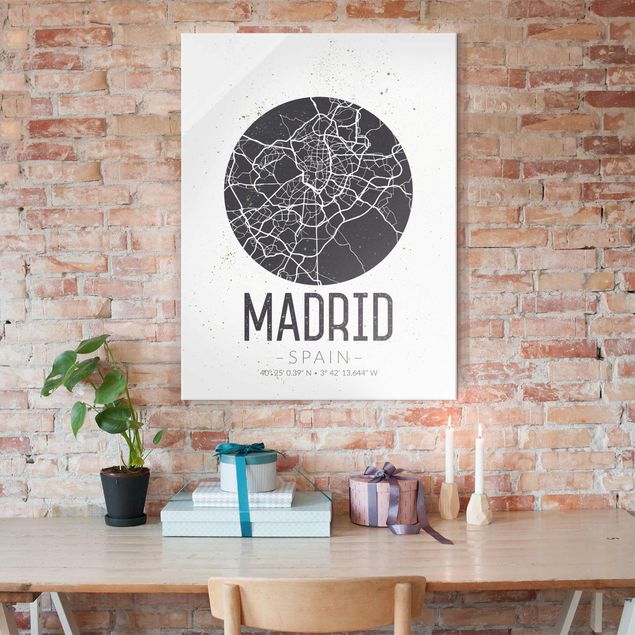 Quadros em vidro em preto e branco Madrid City Map - Retro