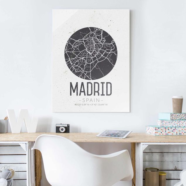 Quadros em vidro frases Madrid City Map - Retro