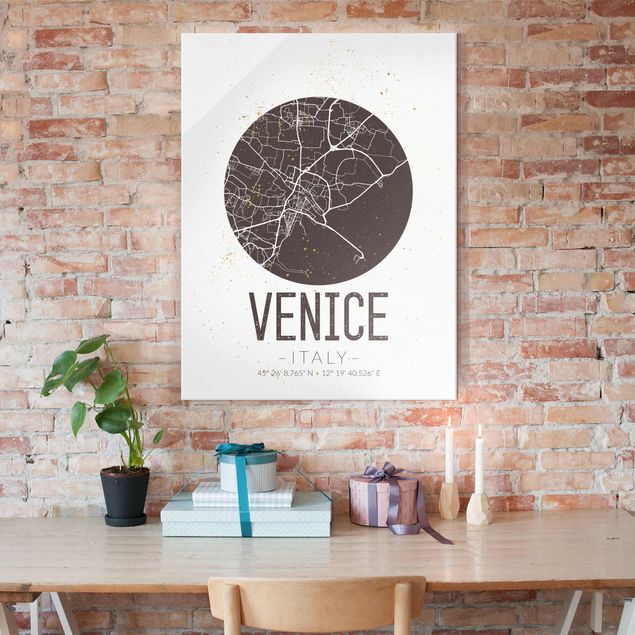Quadros em vidro em preto e branco Venice City Map - Retro