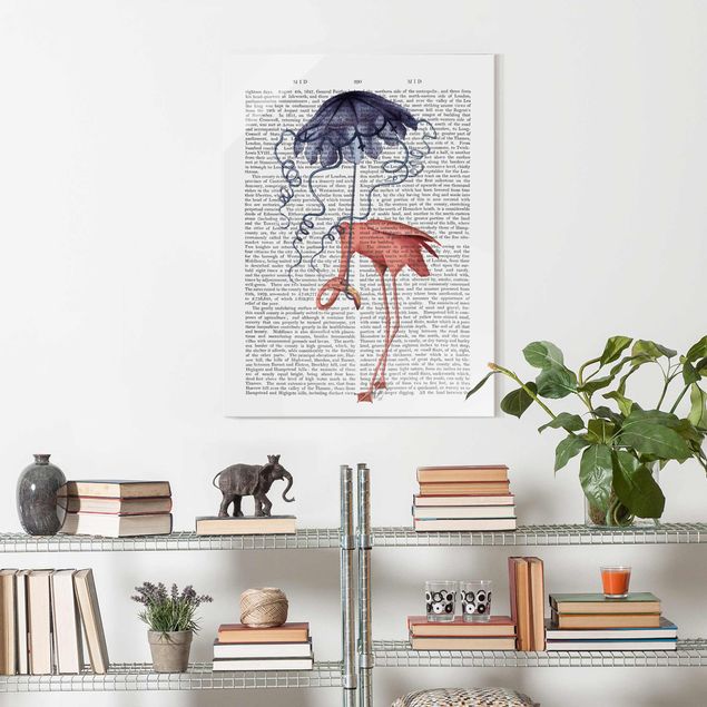 Quadros em vidro frases Animal Reading - Flamingo With Umbrella