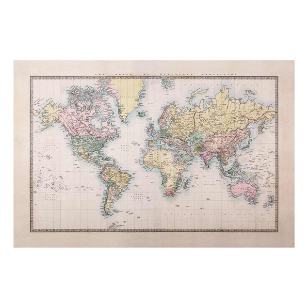 quadros para parede Vintage World Map Around 1850