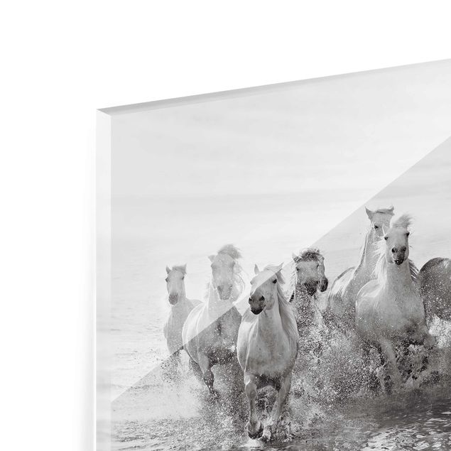 Quadros em vidro em preto e branco White Horses In The Ocean