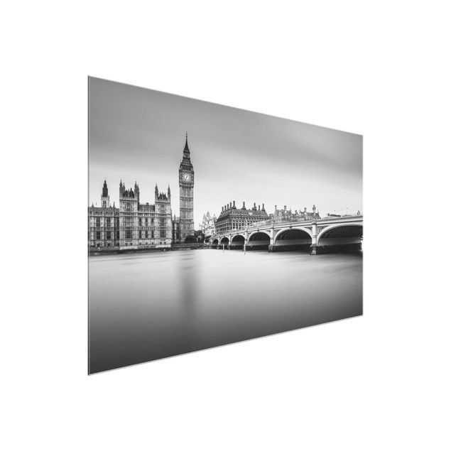 Quadros em vidro em preto e branco Westminster Bridge And Big Ben