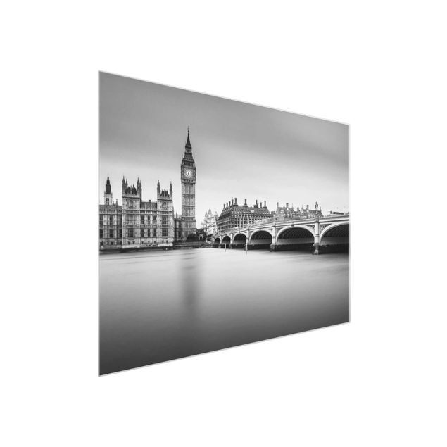 Quadros em vidro em preto e branco Westminster Bridge And Big Ben