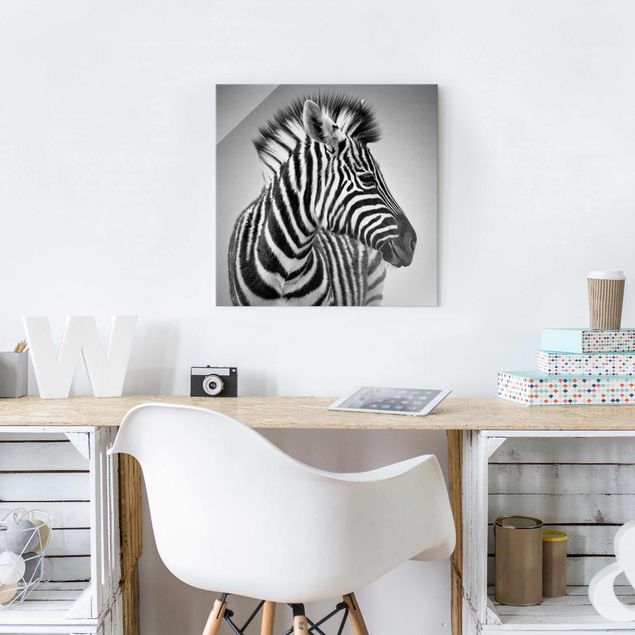 Quadros em vidro em preto e branco Zebra Baby Portrait II