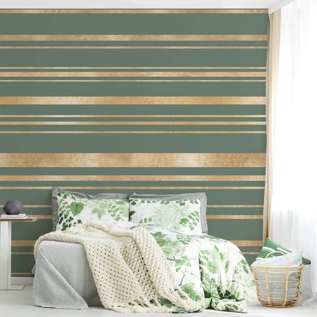 Papel de parede padrões Golden Stripes Green Backdrop