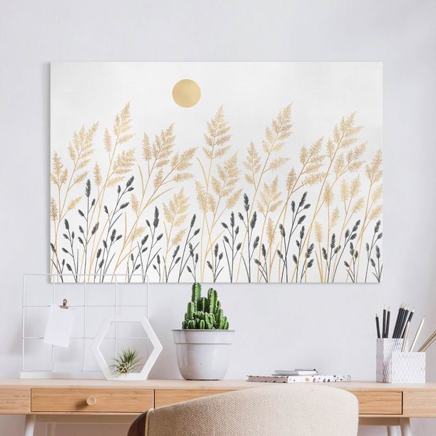 Telas decorativas gramíneas Grasses And Moon In Gold And Black