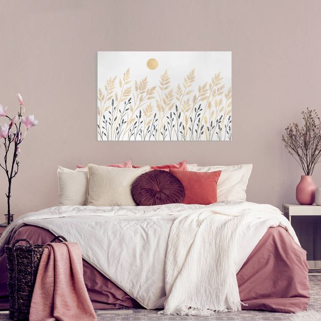 Telas decorativas flores Grasses And Moon In Gold And Black