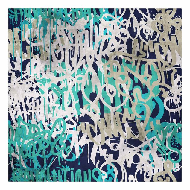 Quadros decorativos Graffiti Art Tagged Wall Turquoise