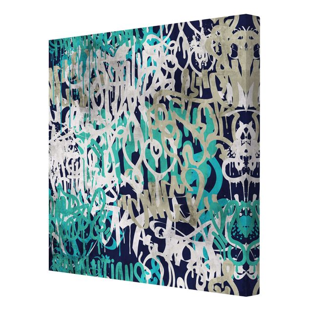 Telas decorativas Graffiti Art Tagged Wall Turquoise