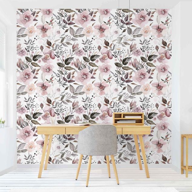 decoraçao para parede de cozinha Gray Leaves With Watercolour Flowers