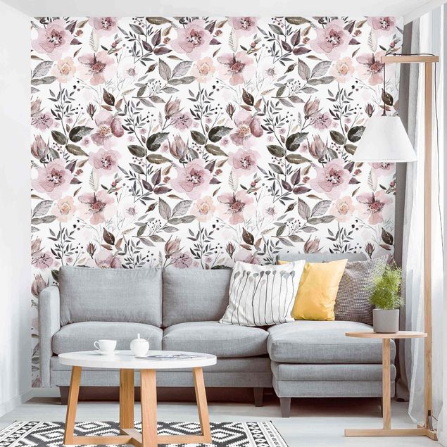 papel de parede para quarto de casal moderno Gray Leaves With Watercolour Flowers