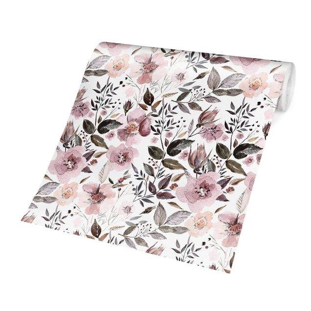 papel parede cinza Gray Leaves With Watercolour Flowers