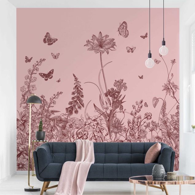 decoraçao para parede de cozinha Large Flowers With Butterflies On Pink