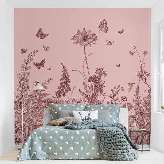 pel de parede borboletinhas Large Flowers With Butterflies On Pink