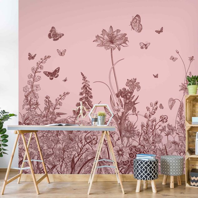 papel de parede para quarto de casal moderno Large Flowers With Butterflies On Pink