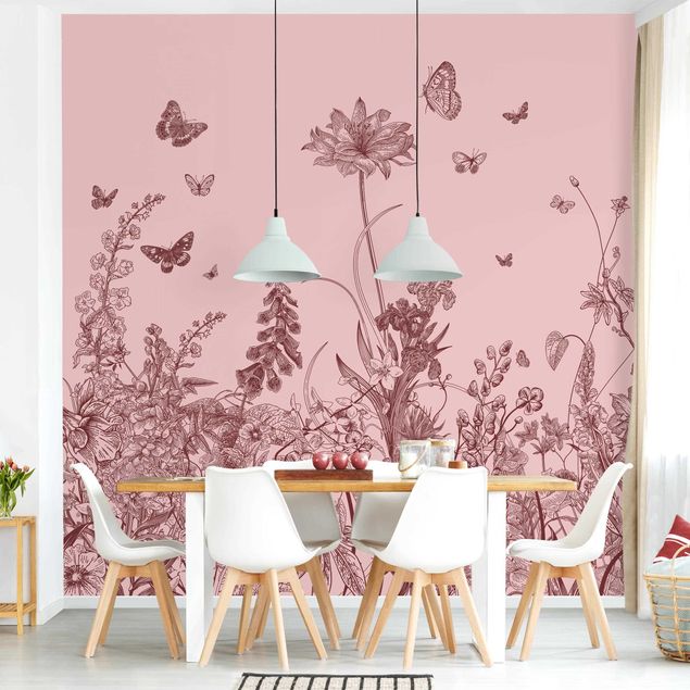 papel de parede floral Large Flowers With Butterflies On Pink