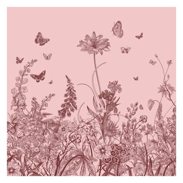 papel parede rosa Large Flowers With Butterflies On Pink
