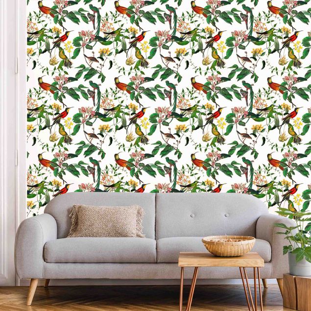 papel de parede moderno Green And Red Hummingbirds Tropical