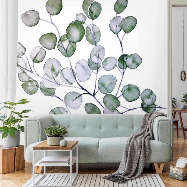 papel de parede para quarto de casal moderno Green Watercolour Eucalyptus Branch