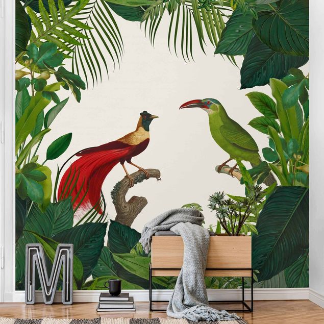 papel parede pássaro Green Paradise With Tropical Birds