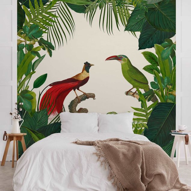 papel de parede floresta tropical Green Paradise With Tropical Birds
