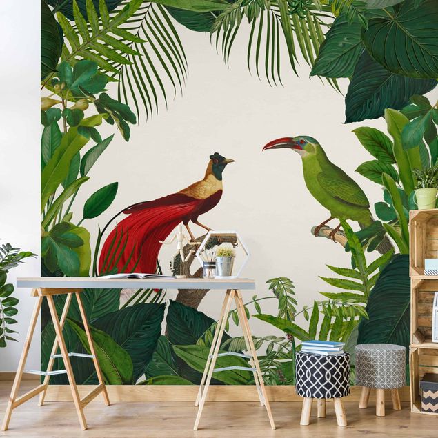 papel de parede para quarto de casal moderno Green Paradise With Tropical Birds