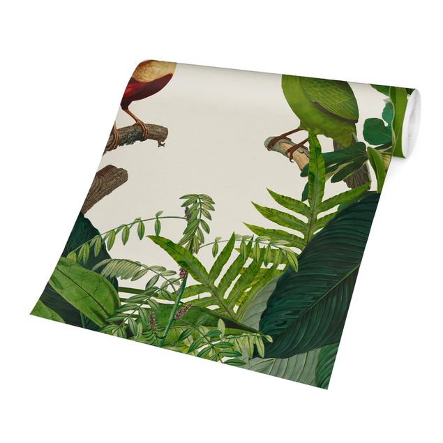 papel de parede floral Green Paradise With Tropical Birds