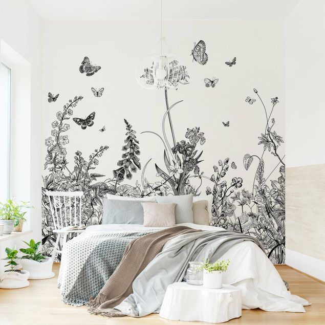 papel de parede moderno para sala Large Flowers With Butterflies In Black
