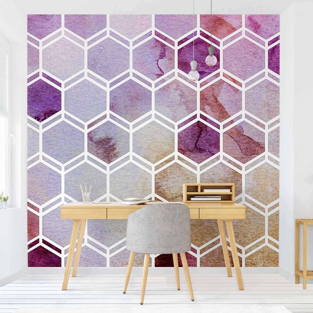 Papel parede geométrico Hexagonal Dreams Watercolour In Berry