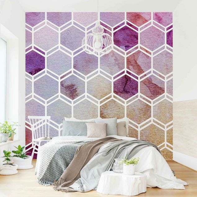 papel de parede para quarto de casal moderno Hexagonal Dreams Watercolour In Berry
