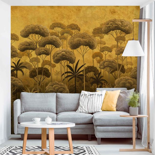 papel de parede moderno para sala Tall Trees in the Jungle in Golden Tones