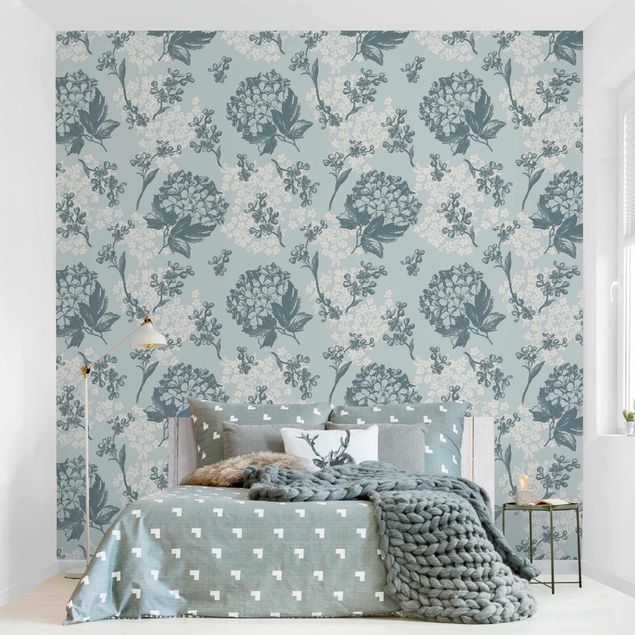 papel de parede para quarto de casal moderno Hydrangea Pattern In Blue