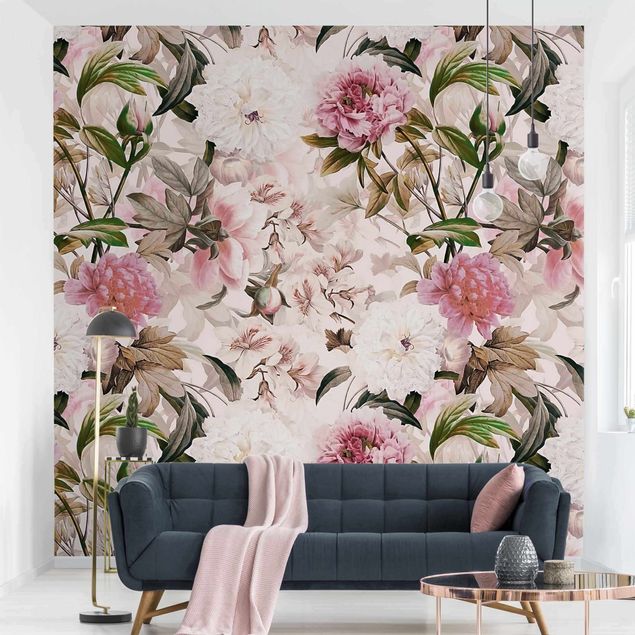 papel de parede floral Illustrated Peonies In Light Pink