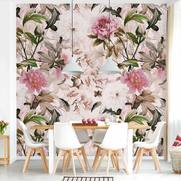 papel parede rosas Illustrated Peonies In Light Pink