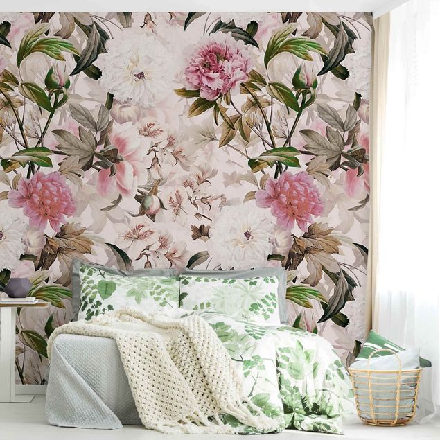 papel de parede para quarto de casal moderno Illustrated Peonies In Light Pink